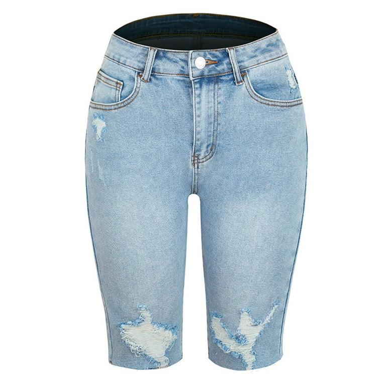 Womens Ripped Jeans Cute Short Denim Pants Knee Length Straight
