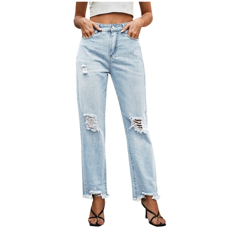 Womens Ripped Jeans Frayed Hole High Waist Butt Lifting Denim Pants Loose  Fit A-Line Straight Leg Jean Trousers