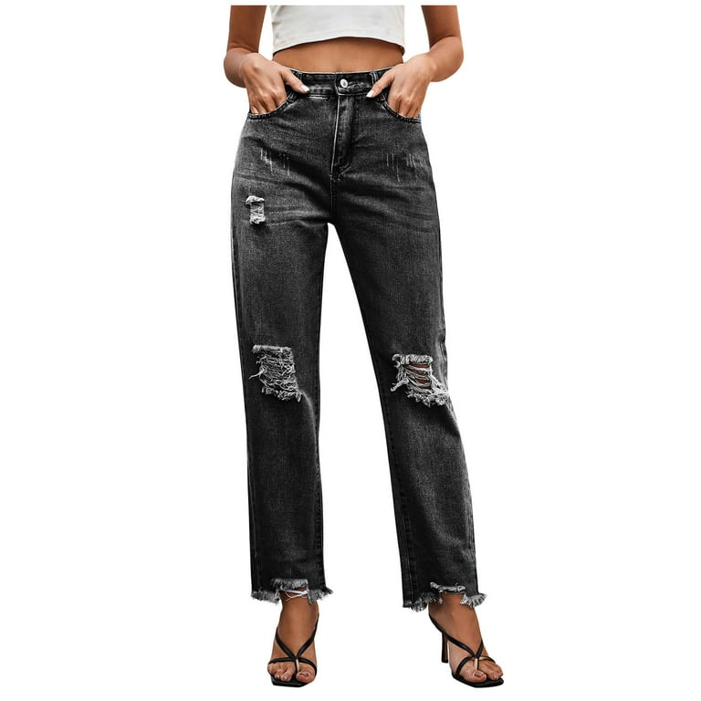 Womens Ripped Jeans Frayed Hole High Waist Butt Lifting Denim Pants Loose  Fitting A-Line Straight Leg Jean Trousers 