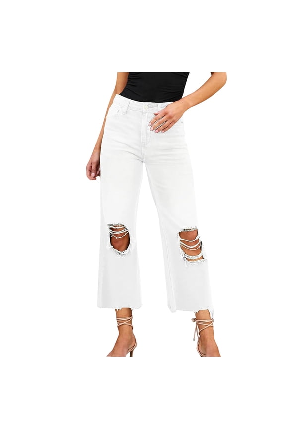 Womens Ripped Jeans High Waist Pockets Raw Hem Casual Y2k Wide Leg Distressed Denim Cropped Pants Retro Trousers (Large, White)