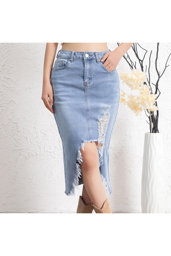 Womens Ripped Midi Jean Skirt Stretch High Waist Frayed Hem Asymmetrical Trendy Denim Skirt, Slit Denim Jean Pencil Skirt, with Pocket Casual Summer(L,Blue)
