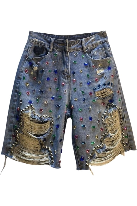 Womens Ripped Rhinestone Jean Shorts Distressed Frayed Fringe Tassel Fashion Jeans Shorts S-3XL
