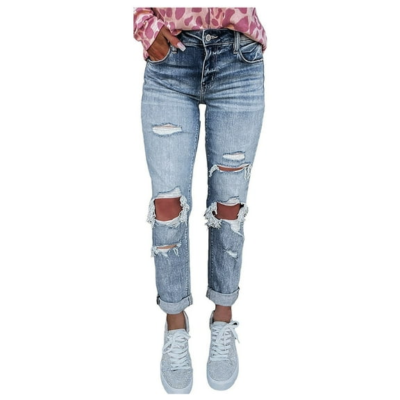 Womens Ripped Skinny Jeans Cute Distressed Hole High Waist Jeans Stretch Boyfriend Denim Pants Roll Hem Full Length