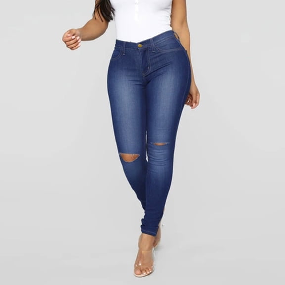 Womens Ripped Slim Fit Jeans Button Zipper Casual Wide Leg Slim Distressed Stretchy Denim Pants Navy S