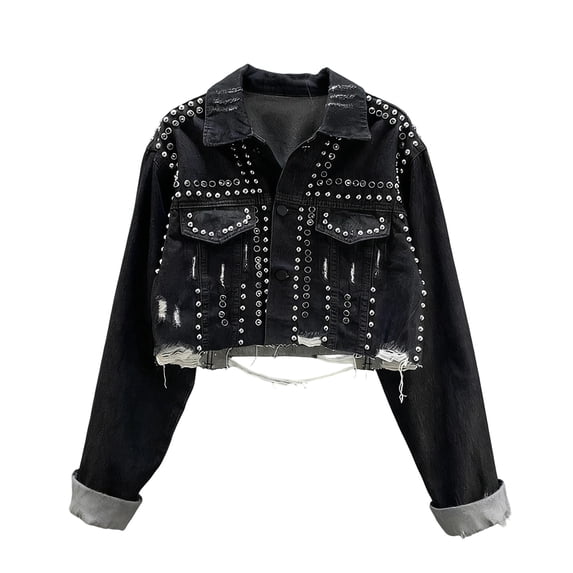 Womens Rivet Studded Denim Jacket Long Sleeve Fashion Clothes Cropped Short Trendy Jean Coat Streetwear (L, Black)