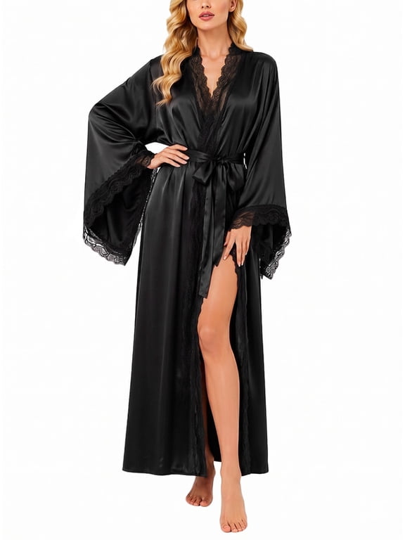 Womens Robe, AMITOFO Silky Satin Kimono Robe for Women with Lace Trim Long Lightweight Floor-Length Elegant Getting Ready Robe for Bride, Black
