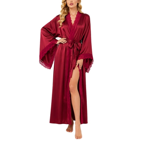 Womens Robe, AMITOFO Silky Satin Kimono Robe for Women with Lace Trim Long Lightweight Floor-Length Elegant Getting Ready Robe for Bride, Burgundy
