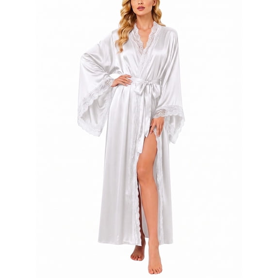 Womens Robe, AMITOFO Silky Satin Kimono Robe for Women with Lace Trim Long Lightweight Floor-Length Elegant Getting Ready Robe for Bride, White