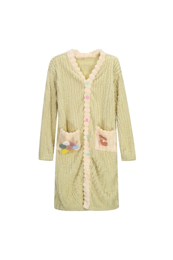 Womens Robe Flannel Warm V Neck With Thick Long Cardigan With Pocket Sleepwear,Green,One Size