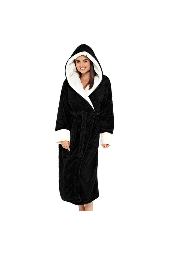 Womens Robe Hooded Sherpa Lined - Colorblock Long Plush Soft Luxury Bathrobe Fluffy Winter Loungewear