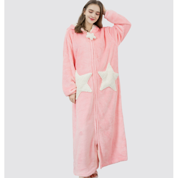 Womens Robe Hooded Zipper Flannel Bathrobes Housecoat Ladies Plush Fleece Warm Sleepwear Long Pajamas Nightgown