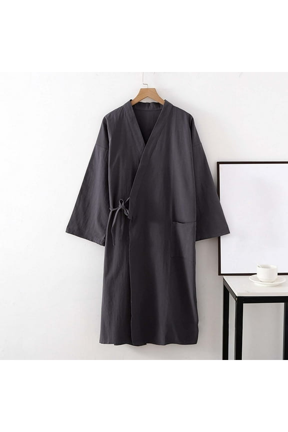 Womens Robe Long Cotton Linen Bathrobe 3/4 Sleeve Lightweight Soft Relaxed Fit Casual Loungewear With Pocket Dark Gray XL