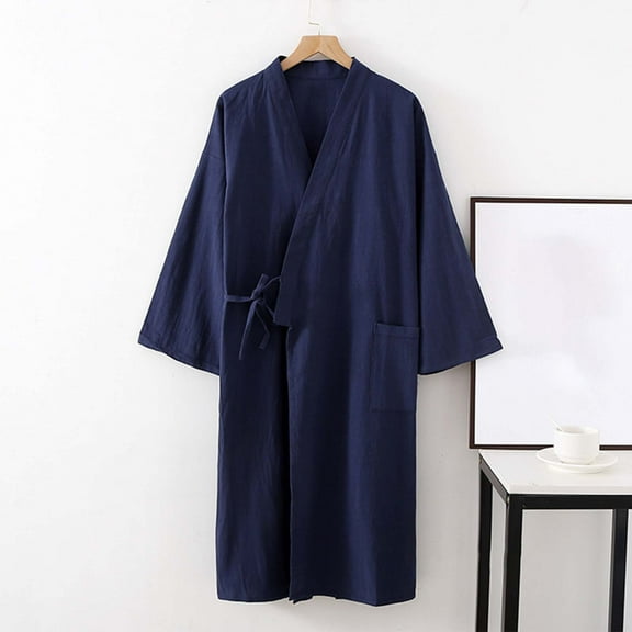 Womens Robe Long Cotton Linen Bathrobe 3/4 Sleeve Lightweight Soft Relaxed Fit Casual Loungewear With Pocket Navy XXL