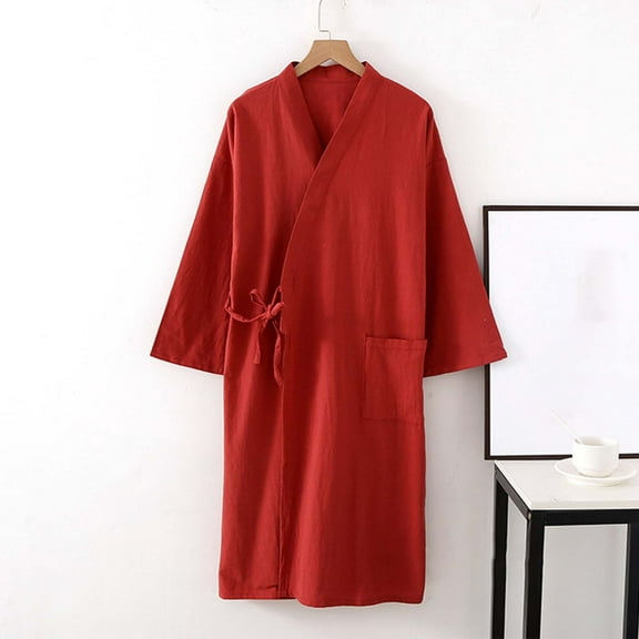 Womens Robe Long Cotton Linen Bathrobe 3/4 Sleeve Lightweight Soft Relaxed Fit Casual Loungewear With Pocket Red L