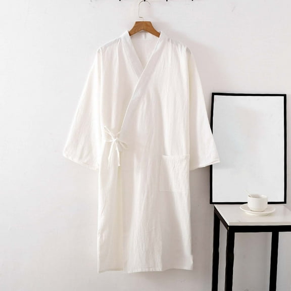 Womens Robe Long Cotton Linen Bathrobe 3/4 Sleeve Lightweight Soft Relaxed Fit Casual Loungewear With Pocket White L