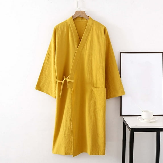 Womens Robe Long Cotton Linen Bathrobe 3/4 Sleeve Lightweight Soft Relaxed Fit Casual Loungewear With Pocket Yellow XL