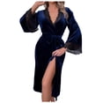 thumbnail image 1 of Womens Robe Long Velvet Bathrobe with Belt Sexy Fuzzy Soft Warm Housecoat Lace Patchwork Plush Shawl Collar Sleepwear Long Sleeve Nightwear Loungewear, 1 of 4