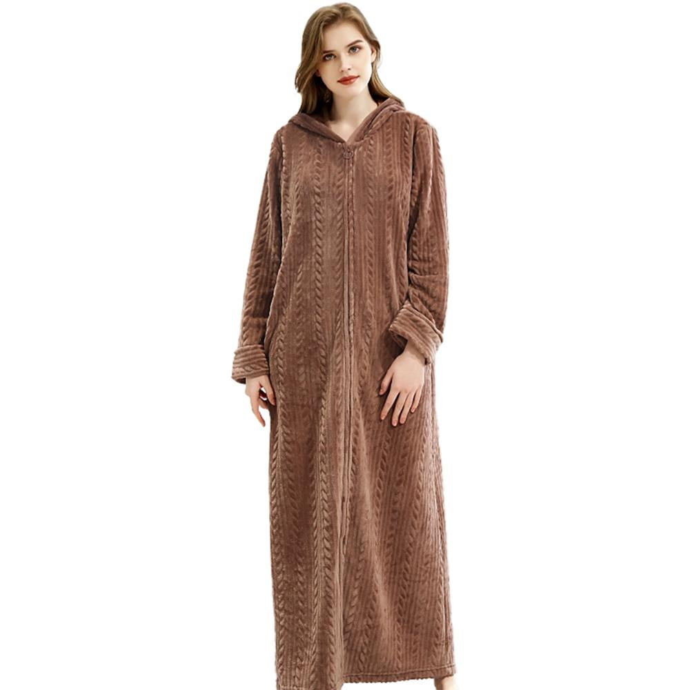 Womens Robe Long Zipper Front Hooded Full Length Housecoat Sleepwear