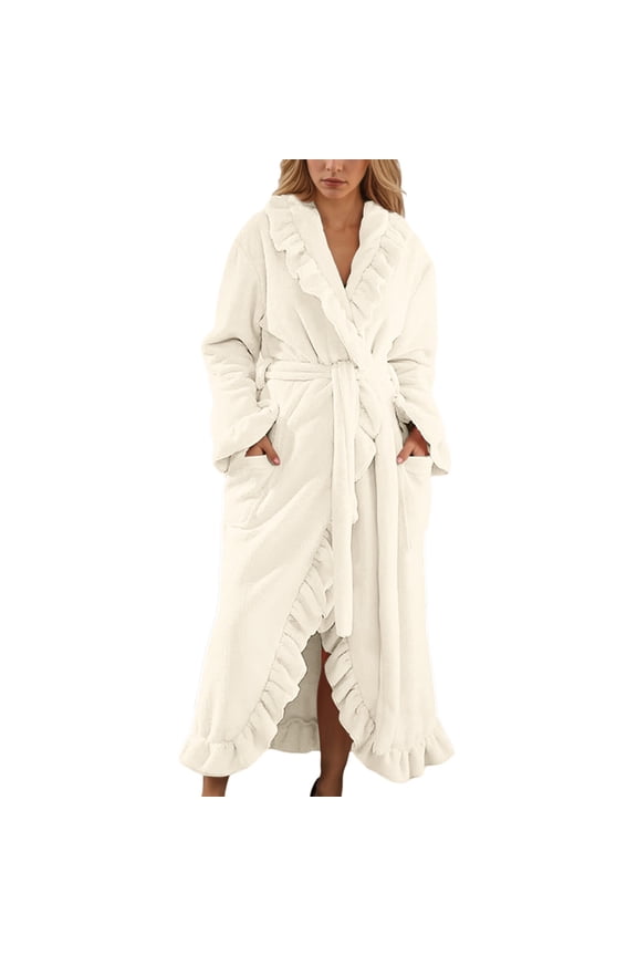 Womens Robe Solid Casual Flannel Long Sleeve Thermal High Slit Bathrobe Kimono with Belt Sleepwear