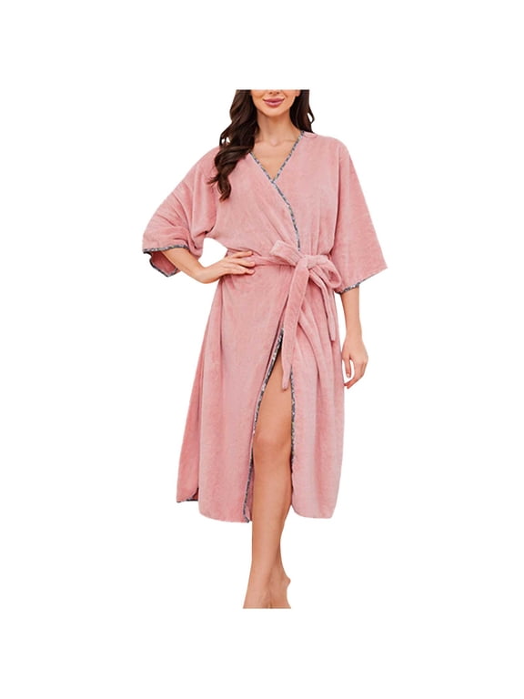 Womens Robe with Tie Waist, 3/4 Sleeve Wrap V-Neck Bathrobes for Women Winter Warm Fleece Bath Robes