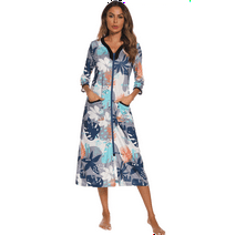 Womens Robes: AMITOFO Lightweight Floral Summer Robes for Women Zip up 3/4 Sleeve Ladies Housecoats Loungewear with Pockets,Leaves & XL