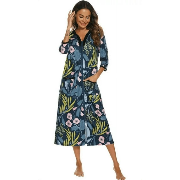 Womens Robes: AMITOFO Lightweight Summer Robe for Women Zip up 3/4 Sleeve Ladies Housecoats Loungewear with Pockets, PinkFlower & M