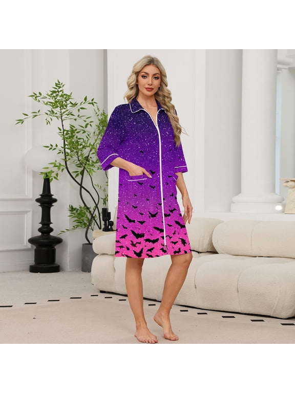 Womens Robes Above Knee 3/4 Sleeve Bathrobe Lightweight Zipper Housecoats Duster House Dress with Pockets