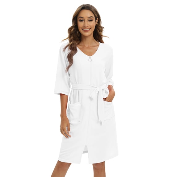 Womens Robes, Couples Bathrobe,Lightweight Blend Cotton Loungewear 3/4 Sleeves Zipper Front Nightgown Robes with Pockets & Belt,White S-2XL