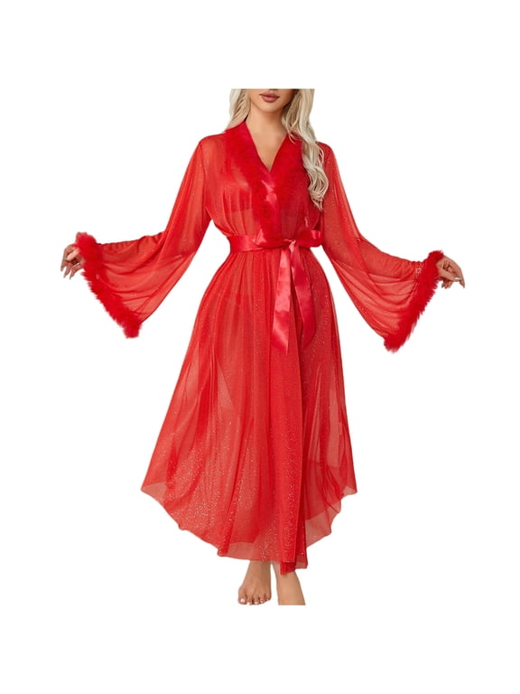 Womens Robes Feather Trim Silky Satin Sheer Mesh Long Bathrobe Soft Sleepwear Tie Front Bridal Loungewear Elegant Ladies Nightwear, Red, Free Size