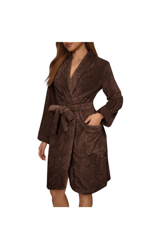 Womens Robes Knee Length Long Sleeve Wrap Front Tie Waist Bath Robe with Pockets Cozy Loungewear for Home Spa Comfortable Soft Plush Bathrobe