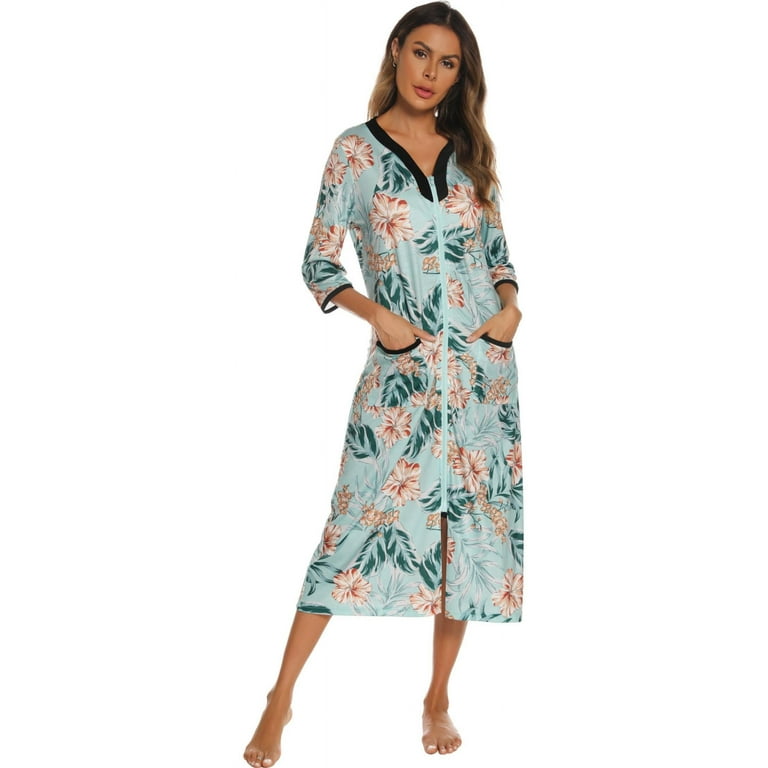 Womens Robes LOFIR House Dresses for Elderly Women Summer Robe for Women Lightweight with Pocket Long Zip Up House Coat 3 4 Sleeve Moomoo