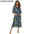 thumbnail image 1 of Womens Robes: LONGHUSHAN Lightweight Summer Robe for Women Zip up 3/4 Sleeve Ladies Housecoats Loungewear with Pockets, PinkFlower & S, 1 of 7