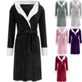 thumbnail image 1 of Womens Robes Long Bathrobe Fleece Color Block Hooded House Coat Fall Winter Cozy Warm Soft Ladies Sleepwear Loungewear with Pockets, Black, 3XL, 1 of 7