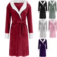 thumbnail image 1 of Womens Robes Long Bathrobe Fleece Color Block Hooded House Coat Fall Winter Cozy Warm Soft Ladies Sleepwear Loungewear with Pockets, Red, S, 1 of 7