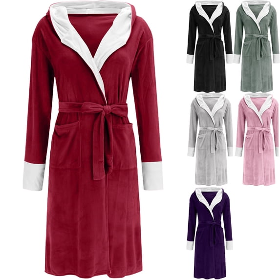 Womens Robes Long Bathrobe Fleece Color Block Hooded House Coat Fall Winter Cozy Warm Soft Ladies Sleepwear Loungewear with Pockets, Red, S