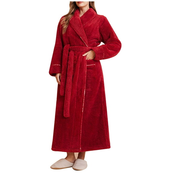 Womens Robes Men Same Style Solid Color Plush Long Sleeve Nightgown Lapel Thickened Flannel Pocket Bathrobes Long Belt Casual Pajamas Clothes Fleece for Warmth in Winter Loungewear