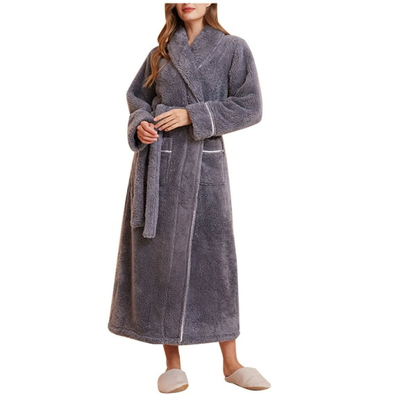 Womens Robes Men Same Style Solid Color Plush Long Sleeve Nightgown Lapel Thickened Flannel Pocket Bathrobes Long Belt Casual Pajamas Clothes Fleece for Warmth in Winter Loungewear