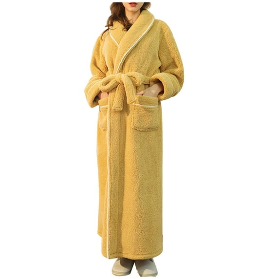 Womens Robes Men Same Style Solid Color Plush Long Sleeve Nightgown Lapel Thickened Flannel Pocket Bathrobes Long Belt Casual Pajamas Clothes Fleece for Warmth in Winter Loungewear