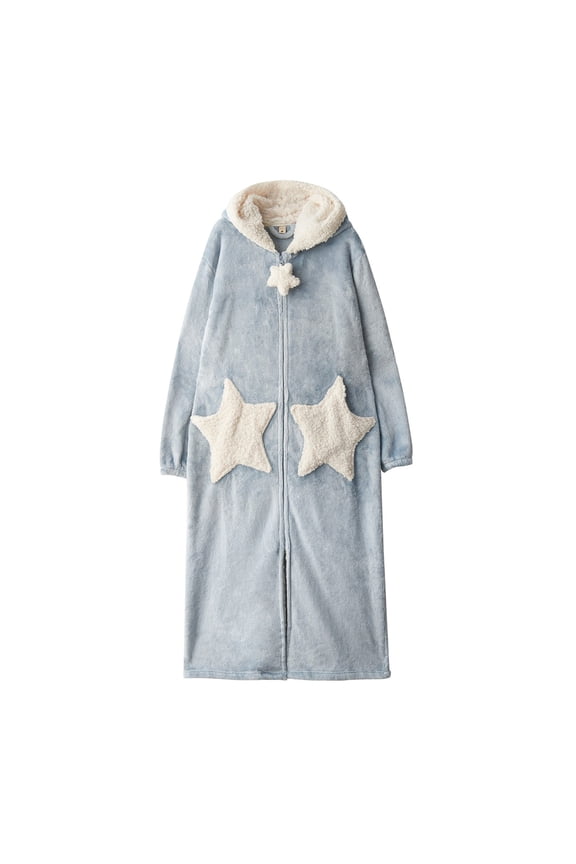 Womens Robes Oversized Fluffy Fleece Hooded Long Sleeve Zippered Pocketed Star Print Nightgown At Home Wear L