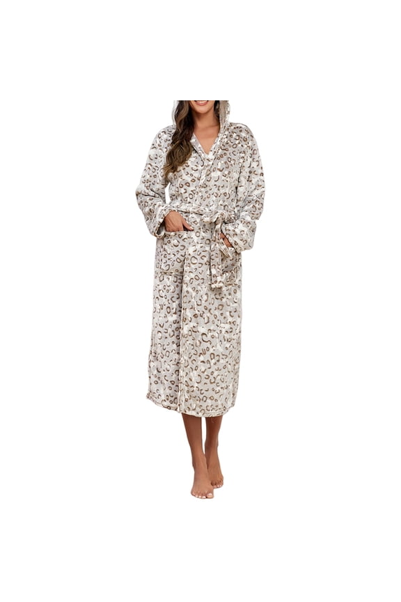 Womens Robes Plush Fleece Hooded Bathrobe Thick Nightgown with Pockets Sleepwear Brown Leopard L