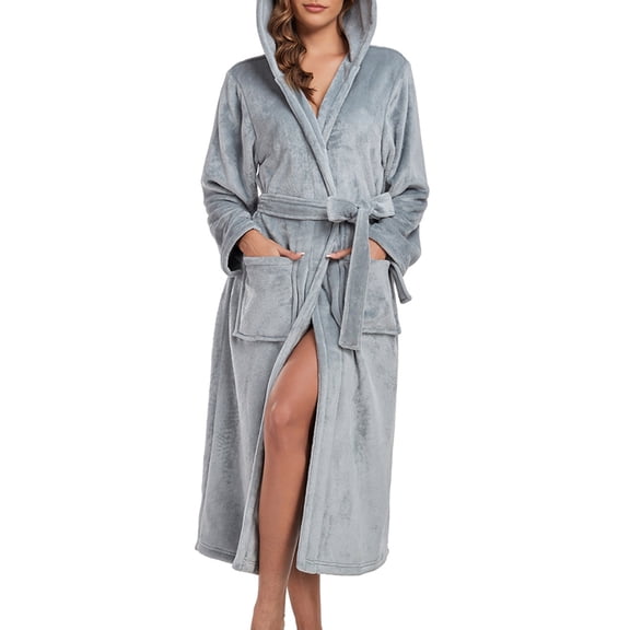 Womens Robes Plush Fleece Hooded Bathrobe Thick Nightgown with Pockets Sleepwear Cape Gray XL