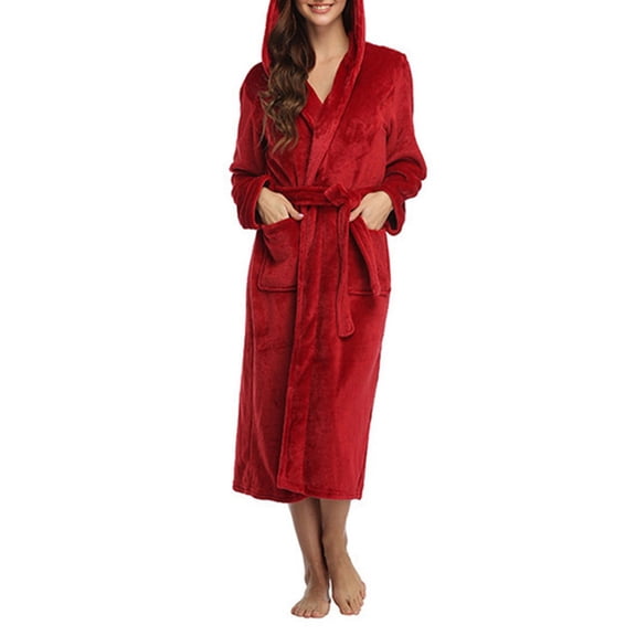 Womens Robes Plush Fleece Hooded Bathrobe Thick Nightgown with Pockets Sleepwear Cape Robe Wine Red L