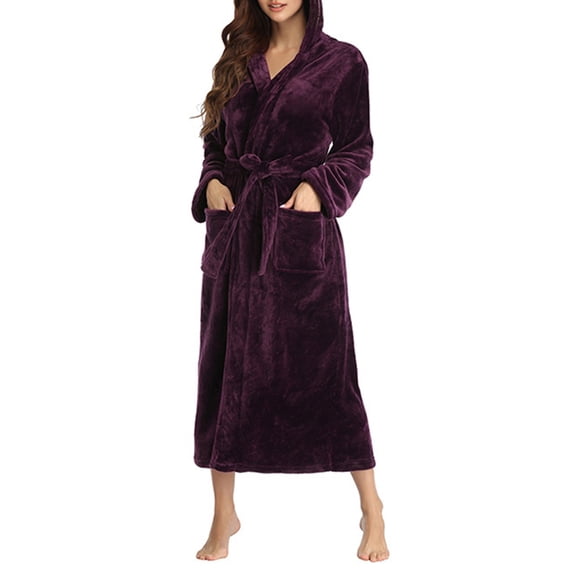 Womens Robes Plush Fleece Hooded Bathrobe Thick Nightgown with Pockets Sleepwear Deep Cloak L