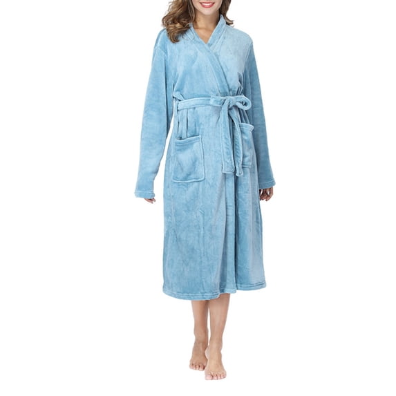 Womens Robes Plush Fleece Hooded Bathrobe Thick Nightgown with Pockets Sleepwear Lake Blue S