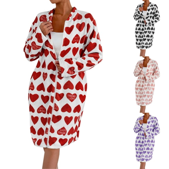 Womens Robes Plush Long Zip Up Robes, Valentines Day Heart Print Plush Zipper Robes for Plus Size, Housecoats Zipper Front
