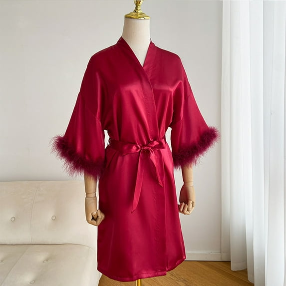 Womens Robes Silk Night Gown Feather Trim Lightweight Cozy Robe Valentines Day Outfit Women Sleepwear