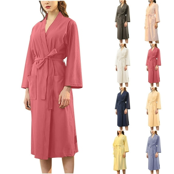 Womens Robes, Spa Bathrobes for Women Wrap V-Neck Long Sleeve Knee Length Belted Robe with Pockets Pajama Nightgown