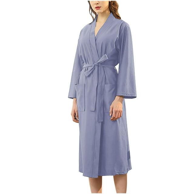 Womens Robes, Spa Bathrobes for Women Wrap V-Neck Long Sleeve Knee Length Belted Robe with Pockets Pajama Nightgown
