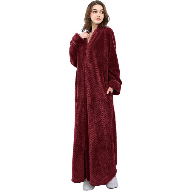 Womens Robes Warm Plush Winter Robe, Zip up Long Fleece Bath Robes