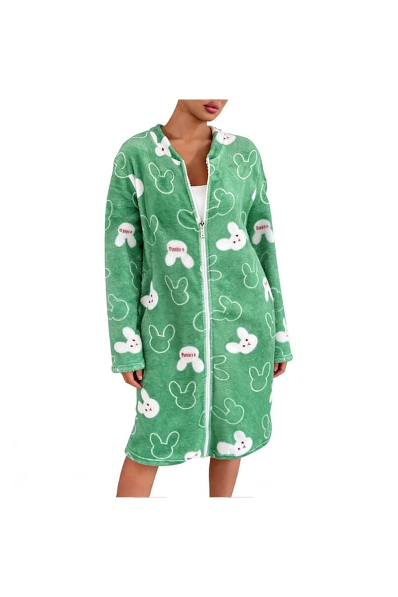 Womens' Robes Women's Long Quilted Robe, Rabbit Zipper Robe with Long Sleeves and Two Pockets, Sleepwear and Loungewear